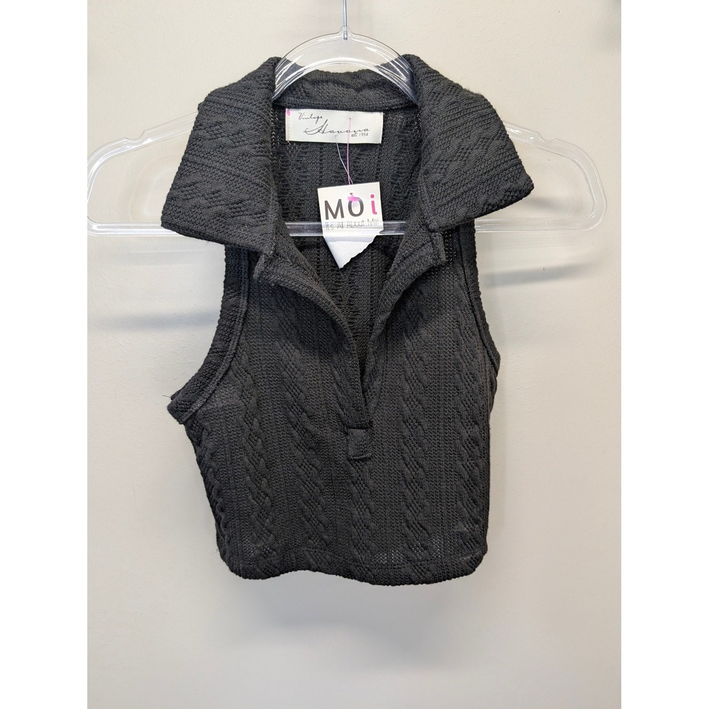 Vintage Havana Womens Black Cable Knit Sleeveless Cropped Collared Top NWT